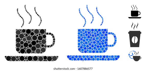 Coffee-break composition of small circles in various sizes and color tints, based on coffee-break icon. Vector random circles are united into blue composition.