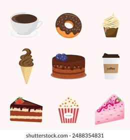Coffee,donut,cupcake,ice cream,cake,ice coffee,popcorn and cheesecake set on background,vector.