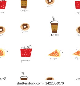 Coffee,Donut,Pop corn,Pizza.Seamless pattern,background,wall paper,wrapping paper.