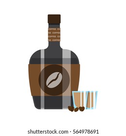  coffee-flavored liqueur,shot glass and coffee, vector image, flat design