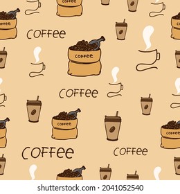 coffee-hand drawn lettering with coffee beans with cup of coffee illustration on brown background. coffee concept. hand drawn vector. seamless pattern. doodle art for wallpaper, wrapping paper, fabric