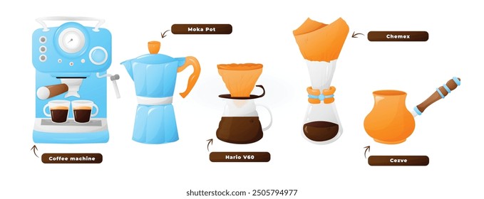 Coffeehouse accessorie set. Coffee brewing tools. Coffee machine, cazve, pour-over. Vector illustration EPS 10
