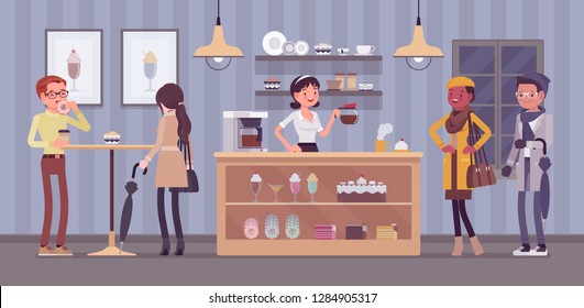 Coffeehouse barista and coffee shop visitors, cafe interior. People enjoy drinks, young woman selling latte, cappuccino, espresso and sweet assortment. Small business idea. Vector illustration