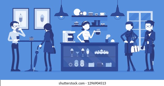 Coffeehouse barista and coffee shop visitors. People enjoy drinks, young woman selling latte, cappuccino, espresso and sweet assortment. Small business idea. Vector illustration, faceless characters