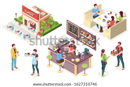 Coffeehouse, cafe or coffee shop, vector isometric icons. Cafe interior and staff, barista at counter with coffee machine, waiter and woman with takeaway cup, friends at cafeteria tables in street