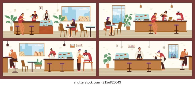 Coffeehouse or cafe interior with people drinking tea and barista preparing drinks, flat vector illustration. Set of scenes in coffee shop, customers read book and hold cup, workers making beverages.