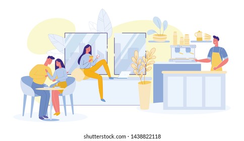 Coffeehouse, Coffee Shop or Cafe with People Sitting at Tables, Drinking Coffee, Working on Laptops, Barista Stand at Counter. Relaxed Characters Spend Time on Weekend Cartoon Flat Vector Illustration