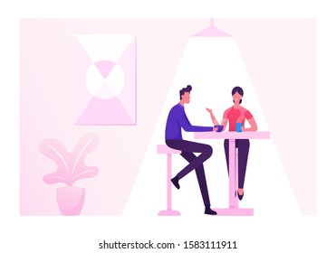 Coffeehouse, Coffee Shop or Cafe with People Sitting at Table Drinking Coffee, Relaxed Male and Female Characters Spend Time Together Having Break or Weekend Relax. Cartoon Flat Vector Illustration