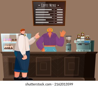 Coffeehouse, coffee shop or cafe, visitor in cake store and seller in candy market, barista standing at counter. Coffee house interior with professional equipment, coffee machine and cakes on display