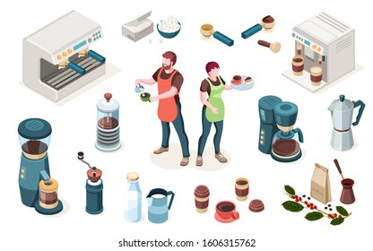 Coffeehouse elements, cafe or coffee shop barista equipment and tools, vector isometric icons. 