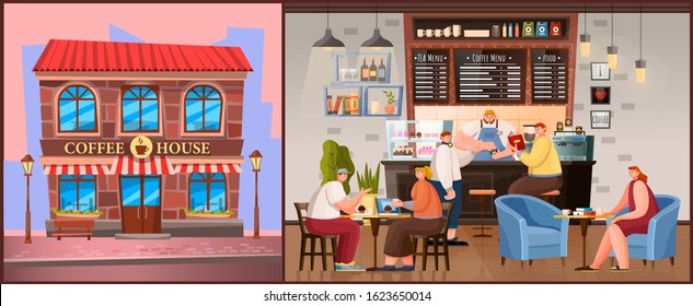 Coffeehouse exterior and interior. Pictures of brick building of coffe house and inside design, room with furniture. Barista stance and place for customers. People relax and meet with friends, vector
