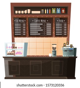 Coffeehouse homelike interior, workplace of barista. Furniture for cafe like stance with coffee machine and pastry stand. Menu board with positions of food and beverages. Vector illustration in flat