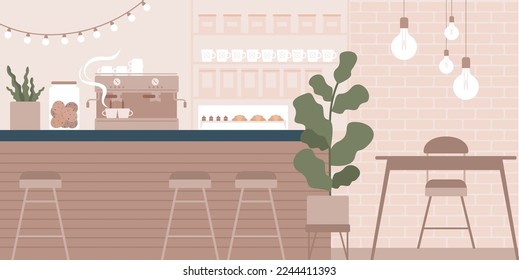 Coffeehouse inside design. Barista counter, Furniture and lighting for cafe. Cozy cafeteria interior for relax and work. No people. Flat Vector illustration