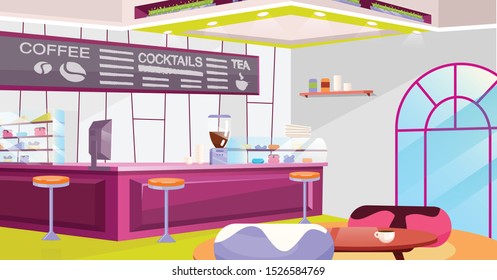 Coffeehouse interior flat vector illustration. Cozy cafe with trendy chairs, tables and vintage arched window. Cartoon counter, coffee machine and glass showcase. Stylish chalkboard with drinks menu