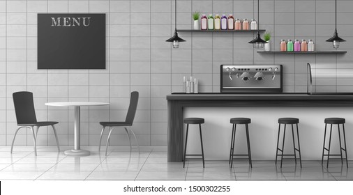 Coffeehouse interior in loft style with stools near bar counter desk, coffee machine, glass showcase, hanging lamps, bottles on shelves, chalkboard menu, table, chairs 3d realistic vector illustration