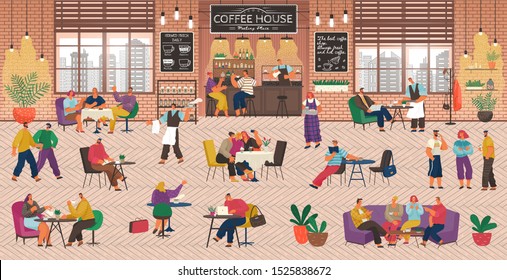 Coffeehouse with People, Coffee Shop Service. Barista and Waitress Working in Cafe. Customers Playing Games and Working Online. Friends Having Fun at Bistro, Drinking and Talking Vector in Flat Style