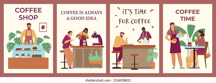 Carteles de escenas de café, baristas hacen café a los clientes en cafe, ilustración vectorial plana. Juego de carteles publicitarios de cafeterías. La gente toma bebidas calientes.