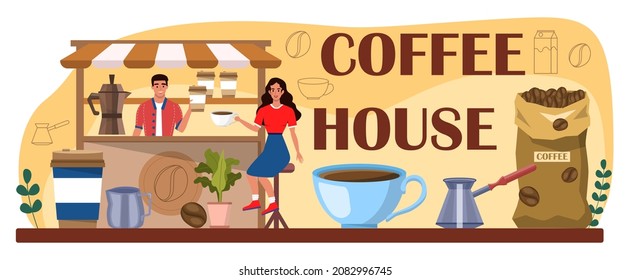 Coffeehouse typographic header. Bartender making a cup of hot coffee. Barista making energetic tasty beverage with milk. Flat vector illustration