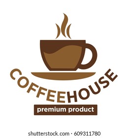 Coffeehouse vector logo template. Isolated hot coffee cup steam or espresso mug design for coffeeshop cafeteria or cafe sign