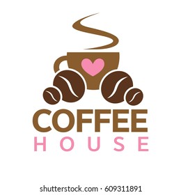 Coffeehouse vector logo template. Isolated coffee cup hot steam, coffee beans and heart design for coffeeshop cafeteria or cafe sign