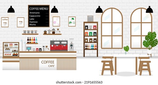 Coffeehouse,coffee shop or cafe.Flat design vector illustration.Empty cafe interior with bar stand,table and armchairs.