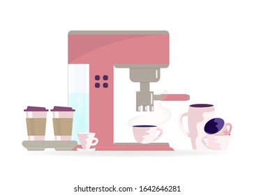 Coffeemachine and coffee mug isolated on white background. Different types of hot drink. Flat Art Vector illustration
