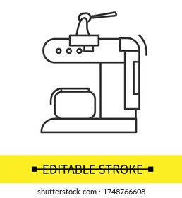 Coffeemaker coffee preparation icon. Ordinary black ground coffee adding  to filter coffee maker, editable linear stroke vector illustration for kitchenware maintenance instruction and package design
