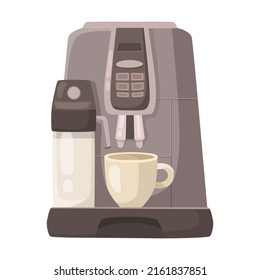 Coffeemaker with milk frother vector illustration. Coffee or espresso machines with filters, cups and mugs, moka pot on white background