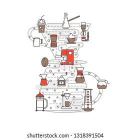 Coffeemaker shape vector poster banner template. Coffee making equipment and accessories thin line art flat icons for web, printed materials. Espresso turkish french press etc. coffee brewing methods.