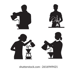 Coffeemaker_Set of hand-drawn coffee cup icons with latte art, heart steam, and decorative mugs in black and white line art style