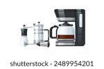 Coffee-making equipment: a drip coffee maker, a French press, a hand grinder, and a milk frother. Vector illustration isolated on white background