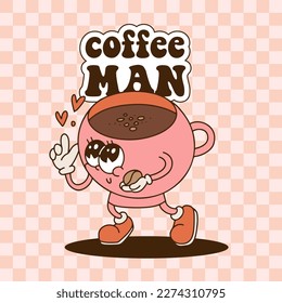 CoffeeMan 80s vintage banner template. Groovy retro cartoon character of enamored coffe cup. Pastel pink mascot with hearts and text. Hand drawn contour illustration.