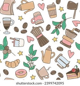 Coffeemania seamless pattern vector illustration. Background with coffee beans, cappuccino, takeaway coffee, coffeemaker, coffee grinder, sugar. Love of coffee color doodle print for textiles svg