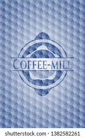 Coffee-mill blue emblem with geometric pattern. Vector Illustration. Detailed.