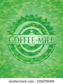Coffee-mill green emblem with mosaic background. Vector Illustration. Detailed.