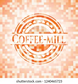 Coffee-mill orange tile background illustration. Square geometric mosaic seamless pattern with emblem inside.