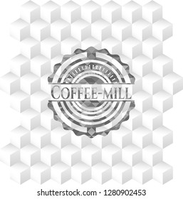 Coffee-mill realistic grey emblem with cube white background