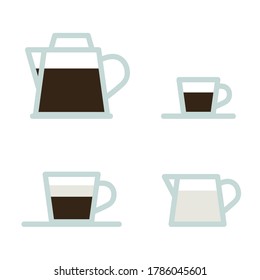 Coffeepot, cups and pot with milk - vector illustration