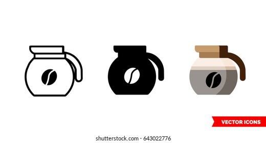 Coffeepot icon of 3 types: color, black and white, outline. Isolated vector sign symbol.