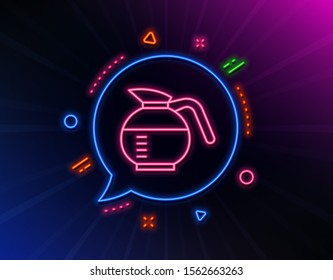 Coffeepot line icon. Neon laser lights. Coffee Hot drink sign. Brewed fresh beverage symbol. Glow laser speech bubble. Neon lights chat bubble. Banner badge with coffeepot icon. Vector