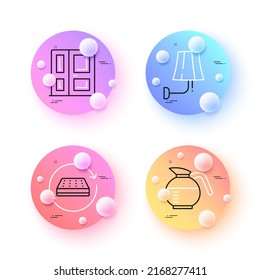 Coffeepot, Mattress and Wall lamp minimal line icons. 3d spheres or balls buttons. Entrance icons. For web, application, printing. Brewed coffee, Sleeping pad, Electric sconce. Door. Vector