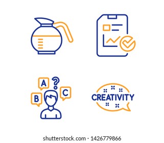 Coffeepot, Report checklist and Quiz test icons simple set. Creativity sign. Brewed coffee, Sales growth file, Interview. Inspiration. Linear coffeepot icon. Colorful design set. Vector