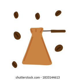 coffeepot and some coffee beans around. turkish brasilian drink. Hand drawn vector illustration isolated on white background