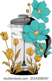 Coffeepress flower, good coffee, illustration for coffee shop