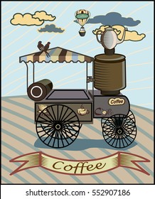 Coffee.Retro banner with a cup of coffee and car