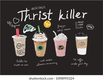 coffees and bubble tea illustration with slogan