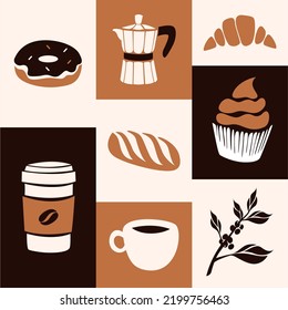 Coffeeshop and bakery set. Coffee, croissant, kettle, mug, muffin, beans, food and barista equipment. Vector icon set. Restaurant branding template, menu design
