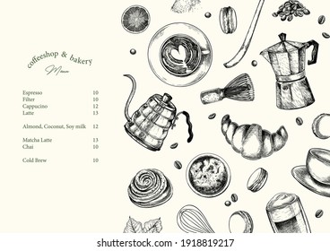 Coffeeshop and bakery set. Hand drawn coffee, matcha, croissant, macaron, kettle, mug, chasen, beans, food, barista equipment. Vector engraved composition Restaurant branding template menu design