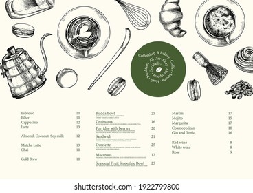 Coffeeshop and bakery set. Hand drawn coffee, matcha, croissant, macaron, kettle, mug, chasen, beans, food, barista equipment. Vector engraved composition Restaurant branding template menu design
