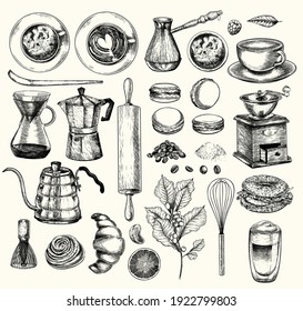 Coffeeshop and bakery set. Hand drawn coffee, matcha, croissant, macaron, kettle, mug, chasen, beans, food and barista equipment. Vector engraved icon set. Restaurant branding template, menu design
